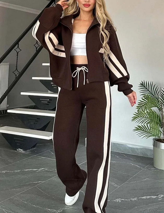 Jacket Outwear And High Waist Side-striped Pants Sports Sets